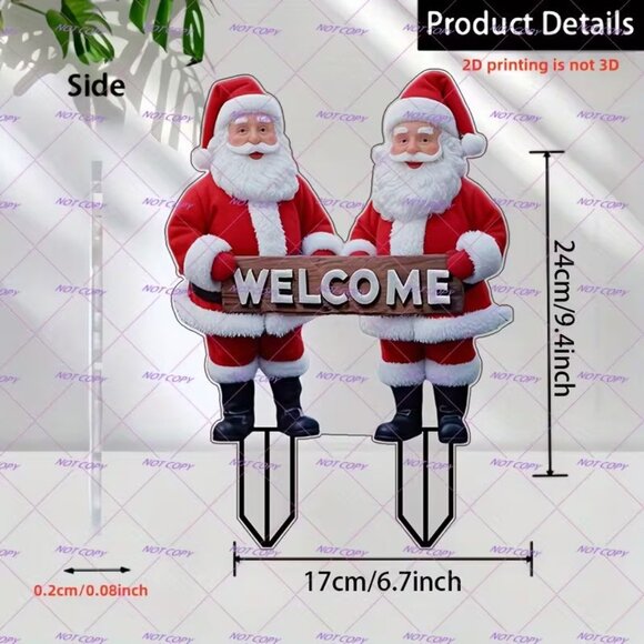 2D Festive Holiday 2 Santa Claus with Welcome Sign Garden Outdoor Stake - Picture 2 of 2
